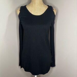 Saks Fifth Avenue Black Knit Top S Cutout Cold Shoulder Cotton/Silk/Cashmere